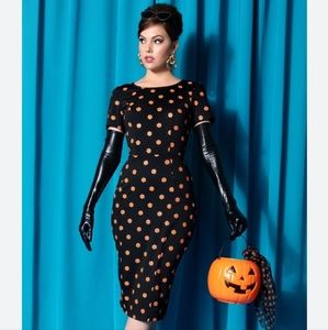 UNIQUE VINTAGE Pumpkin Halloween Below the Knee Wiggle Dress Size L 10/12